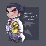  1boy black_eyes black_footwear black_hair carrying carrying_under_arm chibi coat collared_shirt daibutsu full_body grey_background grey_pants jacket kotorai looking_at_viewer male_focus mishima_kazuya necktie no_nose pants red_eyes red_necktie shirt sideburns signature smile standing tekken thank_you thick_eyebrows v-shaped_eyebrows white_coat white_jacket wings 