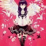  bad_id bad_pixiv_id black_legwear kyer long_hair looking_at_viewer open_mouth origami original paper_crane purple_eyes purple_hair school_uniform serafuku smile solo thighhighs white_wings wings zettai_ryouiki 