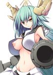  aiming_at_viewer aqua_hair breasts cannon groin headgear kaneda_mitsuko large_breasts long_hair mecha_musume nagoya_(oshiro_project) navel nipple_slip nipples oshiro_project sleeveless solo yellow_eyes 