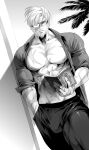  1boy abs absurdres bara bare_pectorals beard book cigarette collared_shirt cottonffish facial_hair glasses greyscale hand_in_pocket highres holding holding_book large_pectorals leonidas_(shuumatsu_no_valkyrie) looking_at_viewer male_focus monochrome muscular muscular_male navel nipples open_book open_clothes open_shirt pants pectorals scar scar_on_arm scar_on_chest scar_on_face scar_on_stomach shirt short_hair shuumatsu_no_valkyrie solo 