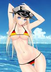  :o armpits arms_up bad_id bad_pixiv_id bikini bismarck_(kantai_collection) blonde_hair blue_eyes breasts cleavage cloud day flag_print german_flag german_flag_bikini germany hat kamimiya kantai_collection large_breasts long_hair looking_at_viewer multicolored multicolored_bikini multicolored_clothes multicolored_stripes navel ocean sky solo striped swimsuit thigh_gap 