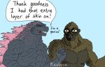 disgusted_face disturbed duo english_text eyes_closed feral fur glowing godzilla godzilla_(series) hi_res king_kong male ruubeszdraws scales simple_background spikes spikes_(anatomy) text toho