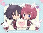  1boy 1girl ahoge animal_ears black_hair black_thighhighs blush dog_ears gundam gundam_seed gundam_seed_freedom heart lunamaria_hawke military military_uniform momosuzurina open_mouth pochacco purple_eyes rabbit_ears red_eyes red_hair sanrio shinn_asuka short_hair skirt smile thighhighs uniform wish_me_mell 