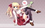  :d black_legwear blonde_hair blue_eyes bow breasts hair_bow hair_ornament hair_ribbon heart highres large_breasts long_hair looking_at_viewer open_mouth original ribbon sasai_saji sitting smile snake spoken_heart thighhighs two_side_up zettai_ryouiki 