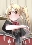  1girl absurdres ahoge black_shirt blonde_hair blush bocchi_the_rock! bow bowtie closed_mouth commentary detached_ahoge drum drum_set drumsticks highres holding holding_drumsticks ijichi_nijika instrument looking_ahead mizumok1 music parted_bangs playing_instrument print_skirt red_bow red_bowtie red_eyes shirt short_sleeves side_ponytail skirt smile solo suspenders sweat sweatdrop upper_body v-shaped_eyebrows 