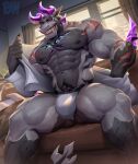 abs absurd_res anthro areola arm_scar biceps big_biceps black_areola black_nipples bulge claws clothing facial_scar fangs furniture grey_body grey_tail hi_res horn inside jockstrap looking_at_viewer male muscular_arms muscular_thighs navel nipples on_sofa pecs physen purple_horn purple_sclera red_claws scar scars_all_over shirt sitting sitting_on_sofa sofa solo tail teeth topwear underwear white_clothing white_jockstrap white_shirt white_topwear white_underwear