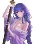  1girl breasts cleavage commentary genshin_impact highres holding holding_sword holding_weapon japanese_clothes katana kimono large_breasts long_braid long_hair looking_at_viewer obi off_shoulder parre20 purple_eyes purple_hair purple_kimono raiden_shogun sash scabbard sheath sheathed simple_background single_bare_shoulder solo sword upper_body very_long_hair weapon white_background 