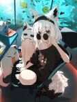  1girl adjusting_eyewear ahoge alternate_color animal_ear_fluff animal_ears aqua_eyes bare_legs barefoot black_hairband black_shirt commentary_request earrings extra_ears eyewear_pull feet_on_chair fish fox_ears fox_girl fox_tail fubuzilla_(shirakami_fubuki) hair_between_eyes hairband highres hololive jewelry korean_commentary looking_at_viewer looking_over_eyewear magikarp miteiru_(shirakami_fubuki) monitor mummemmim nejima_kitsune_(shirakami_fubuki) on_chair pentagram pokemon pokemon_(creature) round_eyewear screencap_inset shiny_pokemon shirakami_fubuki shirakami_fubuki_(7th_costume) shirakami_fubuki_(fubukitek) shirt sidelocks single_earring solo speaker sunglasses table tail virtual_youtuber white_hair white_shirt 