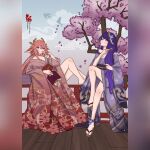 2girls alternate_costume animal_ears bare_legs bare_shoulders cherry_blossoms cloud commentary floral_print fox_ears genshin_impact highres japanese_clothes kimono long_hair mor_(morkerav) multiple_girls off_shoulder outdoors petals pink_hair pink_kimono purple_eyes purple_hair raiden_shogun railing sandals sitting smile very_long_hair yae_miko 