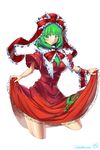  breasts capelet colored_eyelashes cropped_legs dress dress_lift front_ponytail green_eyes green_hair hair_bobbles hair_ornament highres kagiyama_hina large_breasts long_hair looking_at_viewer puffy_short_sleeves puffy_sleeves red_dress ribbon short_sleeves signature simple_background smile solo touhou umigarasu_(kitsune1963) white_background wrist_ribbon 