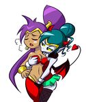  brown_skin cleavage clothed clothing duo ear_piercing eyes_closed female genie green_sclera hair horn lesbian pale_skin piercing ponytail purple_hair selfcest shantae shantae_(series) square_crossover succubus unknown_artist white_skin wings 