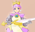  armor armored_dress crown earrings gauntlets gradriel himajima_wahito jewelry princess_crown purple_eyes purple_hair short_hair smile solo spikes sword weapon 