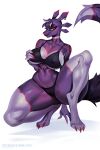 anthro biped breasts clothed clothing crouching eyelashes female fur hi_res johnfoxart looking_at_viewer mammal piercing pupils purple_body simple_background smile solo white_background wide_hips