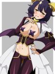  1girl absurdres black_hair black_nails black_pants black_pasties blush breasts closed_mouth demon_girl demon_wings finger_to_mouth grey_background hand_on_own_hip highres hiiragi_utena large_breasts looking_at_viewer magical_girl mahou_shoujo_ni_akogarete navel otozato_yomi pants pasties short_hair simple_background smile solo star-shaped_pupils star_(symbol) star_pasties symbol-shaped_pupils tongue wings yellow_eyes 