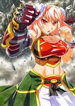  :o adapted_costume alternate_costume breasts bun_cover clenched_hands double_bun gauntlets hair_ornament highres ibaraki_kasen kawachi_koorogi large_breasts looking_at_viewer marker_(medium) navel open_mouth pink_hair red_eyes solo touhou traditional_media v-shaped_eyebrows 
