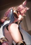  1girl animal_ears ass black_leotard blue_eyes blush braid breasts cape erune from_behind genyaky granblue_fantasy highres large_breasts leotard long_hair looking_at_viewer looking_back parted_lips pink_hair signature thighs tien_(granblue_fantasy) twin_braids white_cape 