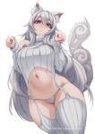  1girl absurdres animal_ear_fluff animal_ears bare_shoulders breasts character_request commentary commission copyright_request cowboy_shot detached_sleeves grey_hair grey_panties grey_thighhighs hands_up head_tilt highres large_breasts long_hair long_sleeves looking_at_viewer midriff myth1carts navel panties parted_lips paw_pose purple_eyes solo stomach thighhighs thighs underwear very_long_hair 
