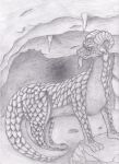 ambiguous_gender cave curled_horn dragon feral graphite_(artwork) hi_res horn quadruped scale_(disambiguation) solo tongue tongue_out traditional_media_(artwork) vulnec wingless_dragon