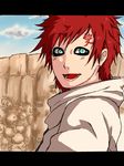  1boy artist_request decomposition_f facial_mark gaara green_eyes male male_focus naruto red_hair short_hair simple_background sky smile village white_background 