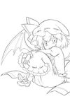  bat_wings bobby_socks bow commentary frilled_skirt frills futa_(nabezoko) greyscale hand_on_own_arm hat hat_bow juliet_sleeves long_sleeves looking_at_viewer mary_janes mob_cap monochrome puffy_sleeves remilia_scarlet ribbon ribbon-trimmed_headwear ribbon-trimmed_skirt ribbon-trimmed_sleeves ribbon_trim shoes short_hair simple_background sitting sketch skirt skirt_set smile socks solo touhou white_background wings 