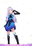  arm_up boots dress elbow_gloves floral_(idolmaster) full_body gloves hair_ribbon highres idolmaster idolmaster_(classic) knee_boots long_hair open_mouth petals purple_eyes ribbon shijou_takane silver_hair simple_background solo standing white_background yahiro_(epicopeiidae) 