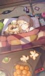  1girl blonde_hair blush brat_(brabrabrat00) card cellphone charger closed_eyes commentary_request cup cushion drooling food from_above fruit hair_between_eyes hanafuda highres hololive indoors kazama_iroha kotatsu mandarin_orange nintendo_switch nose_bubble parted_lips phone pokobee sleeping table under_kotatsu under_table virtual_youtuber yunomi 