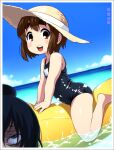  2girls barefoot black_eyes bloodshot_eyes brown_eyes brown_hair hair_bun hat jinroku looking_at_viewer marui_hitoha mitsudomoe multiple_girls ocean one-piece_swimsuit open_mouth photoshop_(medium) riding school_swimsuit short_hair single_hair_bun straw_hat sun_hat swimsuit thick_eyebrows water yoshioka_yuki 