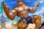 abs absurd_res anthro ball barrel_(live_a_hero) beach bear biceps black_claws blue_clothing blue_swimming_trunks blue_swimwear bottomwear brown_body brown_fur brown_hair canid canine canis claws clothing cloud domestic_dog fangs felid fur goro_(live_a_hero) group hair hi_res holding_water_gun lifewonders lion live_a_hero male mammal muscular muscular_anthro muscular_male muscular_thighs navel nipples open_mouth orange_body orange_eyes orange_fur orange_tail pantherine pecs physen pubraseer sand sea seaside sky standing swimming_trunks swimwear tail teeth tongue tongue_out toshu toy toy_gun tuft water water_gun white_body white_fur white_tail wolf