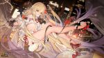  1girl bare_shoulders bat_wings benghuai_xueyuan blonde_hair breasts building character_name city copyright_name detached_sleeves femirins_(benghuai_xueyuan) food full_body gloves hair_between_eyes hair_ornament heart heart-shaped_pupils heart_hair_ornament high_heels highres honkai_(series) logo long_hair navel night official_art pubic_tattoo red_eyes second-party_source skyscraper smile solo symbol-shaped_pupils tail tattoo tongue tongue_out underboob wings 