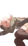  1girl black_jacket black_thighhighs blunt_bangs brown_skirt danganronpa_(series) danganronpa_2:_goodbye_despair flipped_hair fu_ga_(vivi912912) hair_ornament highres hood jacket long_sleeves lying medium_hair nanami_chiaki on_side open_clothes open_jacket pink_eyes pleated_skirt shirt skirt solo spaceship_hair_ornament thighhighs 