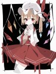  1girl ascot blonde_hair closed_mouth cowboy_shot crystal crystal_wings dress fingerless_gloves flandre_scarlet gloves hat heart highres looking_at_viewer medium_hair mob_cap nacht_musik red_dress red_eyes side_ponytail solo thighhighs touhou white_gloves white_thighhighs wings 
