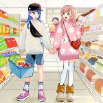  2boys 2girls alternate_hairstyle bag baseball_cap basket black_headwear blue_eyes blue_hair blue_shorts casual charaleet_(precure) commentary convenience_store cut_bangs daigan_(precure) dress fanny_pack floral_print green_eyes grey_footwear grey_sweater hair_down handbag hat highres hirogaru_sky!_precure holding holding_basket holding_hands hugtto!_precure in-franchise_crossover indoors long_sleeves looking_at_another medium_hair mirage_pen multiple_boys multiple_girls nijigaoka_mashiro open_mouth pink_dress pink_footwear pink_hair precure print_dress shoes shop shopping_basket shorts smile sneakers socks sora_harewataru standing sweater sweater_dress thighhighs ton_(ton39342104) white_socks white_thighhighs 