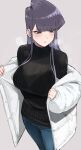  1girl absurdres ayatak0517 black_sweater blush breasts breath denim down_jacket grey_hair highres jacket jeans komi-san_wa_komyushou_desu komi_shouko large_breasts looking_to_the_side open_clothes open_jacket pants ribbed_sweater simple_background solo straight_hair sweater white_jacket 