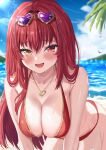  1girl bare_shoulders beach bikini blush breasts cleavage collarbone day eyewear_on_head heart heart_necklace heterochromia highres hololive houshou_marine houshou_marine_(summer) jewelry kazama_(akki12) large_breasts long_hair looking_at_viewer necklace open_mouth outdoors red_bikini red_eyes red_hair smile solo straight_hair swimsuit virtual_youtuber yellow_eyes 