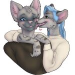&lt;3 2017 anthro arm_around_shoulder barbell_piercing blue_eyes blue_hair blush brown_clothing brown_topwear catsby_(catsbym) cheek_lick circular_barbell_piercing clothing digital_drawing_(artwork) digital_media_(artwork) domestic_cat duo ear_piercing embrace eyebrows face_lick facial_piercing fangs felid feline felis female fish fur green_eyes grey_body grey_eyebrows grey_fur hair hand_on_another&#039;s_shoulder hand_on_shoulder head_tuft hi_res hybrid leopard_spots licking looking_at_another male mammal marine markings nose_piercing pantherine piercing pink_blush pink_inner_ear pink_nose pink_tongue romantic romantic_couple septum_circular_barbell septum_piercing shaded shark siamese simple_background smile snoe_(sneplord) snout snow_leopard soft_shading spots spotted_body spotted_fur strawberrycucumber sweater teeth tongue tongue_out topwear tuft undercut white_background white_clothing white_sweater white_topwear