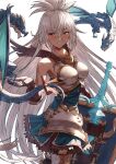  1girl armor armored_dress breasts brown_eyes brown_gloves dark-skinned_female dark_skin dragon dress fagi_(kakikaki) gloves granblue_fantasy hair_between_eyes highres large_breasts long_hair shield simple_background smile sword thighhighs very_long_hair weapon white_background white_hair zooey_(granblue_fantasy) 