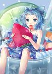  adapted_costume bare_arms bare_shoulders blue_dress blue_eyes blue_hair cherry cirno dress food fruit hair_bobbles hair_ornament ice ice_cream ice_wings lemon lemon_slice looking_at_viewer minigirl mouth_hold popsicle sleeveless sleeveless_dress solo strawberry sundae teeth_(artist) touhou whipped_cream wings 