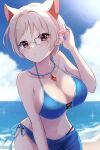 1girl animal_ears beach bikini blue_bikini blue_sarong blue_sky breasts chest_jewel cleavage cloud collarbone commentary_request commission day glasses hand_up highres large_breasts ocean original red_eyes sarong second-party_source short_hair skeb_commission sky solo standing swimsuit uni_(maru231) white_hair 