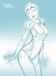  2013 alien asari bodysuit breasts center_opening lips lipstick makeup mass_effect mass_effect_2 mature medium_breasts nose samara_(mass_effect) sideboob signature sketch solo standing veter 