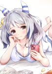  1girl :3 absurdres animal_ears barefoot book bra breasts brown_eyes cellphone chips_(food) cleavage collarbone ear_covers food grey_hair highres hishi_miracle_(umamusume) holding holding_phone horse_ears horse_girl looking_at_viewer medium_breasts medium_hair open_book phone potato_chips shirt simple_background smartphone solo sugi_(user_nash8444) swept_bangs translated umamusume underwear white_background white_shirt 