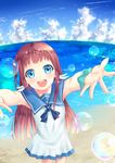  arios_(orochi_yuta) beach blue_eyes brown_hair day dress long_hair mukaido_manaka nagi_no_asukara outstretched_arms sailor_dress school_uniform scrunchie serafuku 