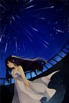  ^_^ bad_id bad_pixiv_id black_hair closed_eyes dress lingmuzi long_hair open_mouth original sky smile solo star_(sky) starry_sky sundress white_dress wind 