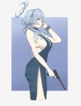  1boy 1girl absurdres ako_(blue_archive) ako_(dress)_(blue_archive) arm_up backless_dress backless_outfit blue_archive blue_dress blue_eyes blue_hair blue_halo breasts cuffs dress gun halo highres jewelry large_breasts simple_background solo soutou_nagi weapon 