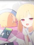  2girls :d araki495 blonde_hair blue_archive closed_eyes collarbone commentary_request half-closed_eyes halo highres indoors looking_at_viewer midori_(blue_archive) momoi_(blue_archive) multiple_girls nintendo_switch parted_lips red_eyes shirt short_sleeves siblings sisters sleeping smile twins under_covers white_shirt 