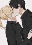  2boys absurdres androgynous black_hair blonde_hair blush closed_eyes couple ear_blush from_side hair_between_eyes hand_on_another&#039;s_cheek hand_on_another&#039;s_face highres kiss long_hair male_focus multiple_boys okusawa_ritsu original ponytail profile school_uniform short_hair sweatdrop white_background yaoi 