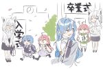  3girls ahoge animal_ear_fluff animal_ears backpack bag black_skirt blue_eyes blue_hair closed_eyes fox_ears glass green_eyes highres hololive hoshimachi_suisei hoshimachi_suisei_(school_uniform) long_hair long_skirt multiple_girls pink_hair sakura_miko school_uniform shirakami_fubuki shirt side_ponytail skirt time_lapse twintails virtual_youtuber white_hair white_shirt yaya_(pi63925174) 