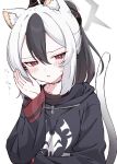  1girl animal_ear_fluff animal_ears black_hair black_hoodie black_horns blue_archive blush cat_ears cat_girl cat_tail commentary demon_horns ear_piercing extra_ears grey_halo halo highres hood hood_down hoodie horns kayoko_(blue_archive) kemonomimi_mode long_sleeves looking_at_viewer mole mole_on_collarbone multicolored_hair open_mouth piercing red_eyes sentouryoku_5 simple_background solo streaked_hair sweat symbol-only_commentary tail translation_request upper_body v-shaped_eyebrows whispering white_background white_hair 