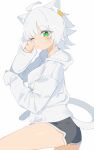  1girl animal_ear_fluff animal_ears cat_ears cat_girl cat_tail commentary_request dolphin_shorts green_eyes grey_shorts highres hood hoodie long_sleeves one_eye_closed original rasusurasu short_shorts shorts simple_background sleeves_past_wrists solo tail white_background white_hair white_hoodie wiping_face 