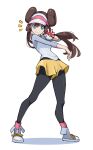  1girl absurdres black_pantyhose blue_eyes breasts brown_hair commentary double_bun grimmelsdathird hair_bun hat highres holding holding_poke_ball long_hair looking_at_viewer pantyhose poke_ball poke_ball_(basic) pokemon pokemon_bw2 rosa_(pokemon) shorts simple_background smile solo symbol-only_commentary twintails visor_cap yellow_shorts 