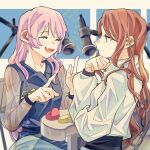  2girls bakookami bang_dream! bang_dream!_it&#039;s_mygo!!!!! blue_dress blue_eyes blush brown_hair chihaya_anon closed_mouth dress earpiece fang highres index_finger_raised long_hair long_sleeves looking_at_viewer microphone microphone_stand multiple_girls nagasaki_soyo open_mouth pink_hair puffy_sleeves see-through see-through_sleeves shirt sidelocks sitting skin_fang smile upper_body white_shirt 